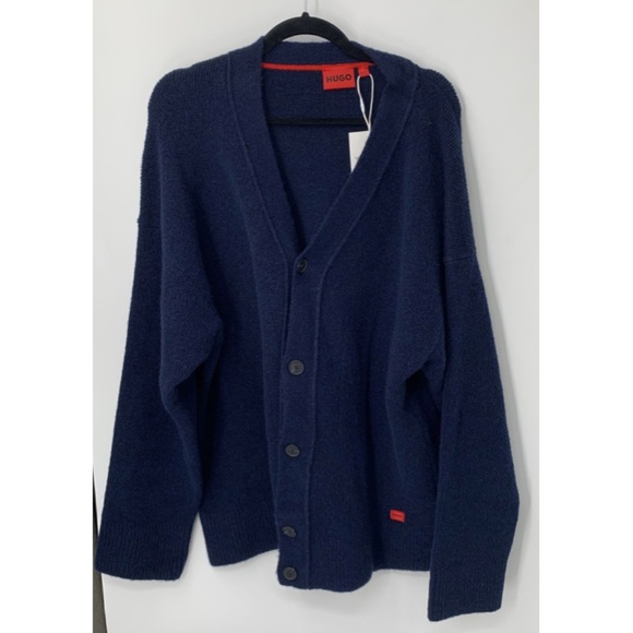 Hugo mens navy blue wool blend v-neck oversized fit cardigan sz XL